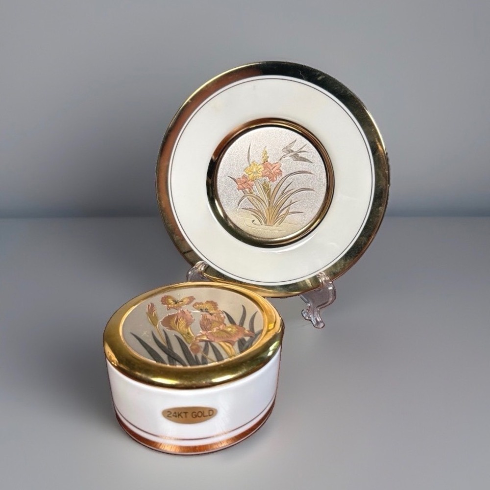 Dynasty Gallery Art of Chokin 24KT Gold Gilded Plate and Trinket Box Set Japan
